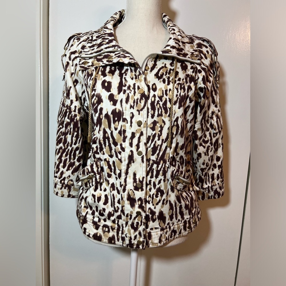 Just B Leopard Print Crop Jacket Women’s Size M Gold Metallic Accents 3/4 Sleeve - Picture 2 of 9